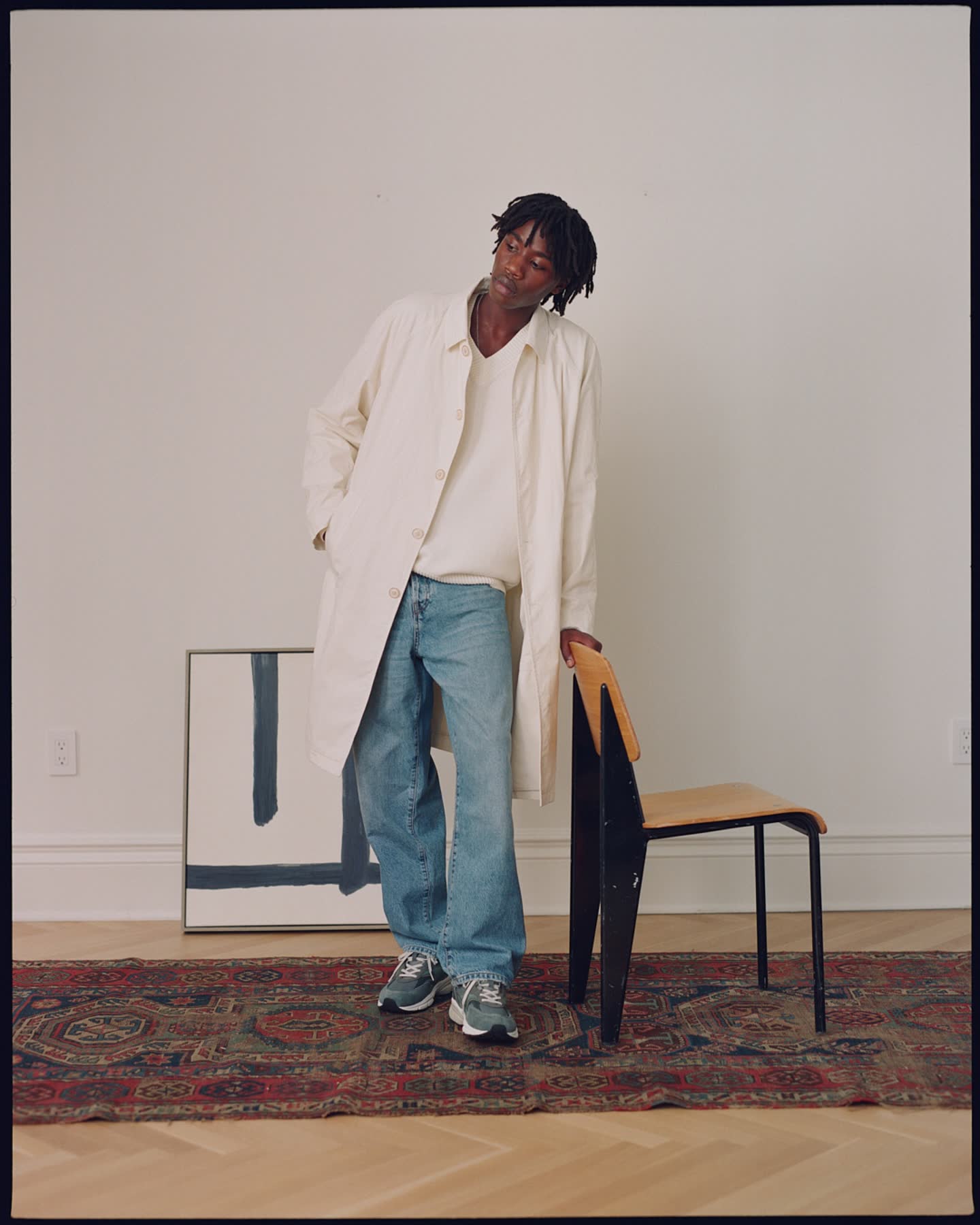 Cheikh Tall standing in a brownstone interior for Zara.