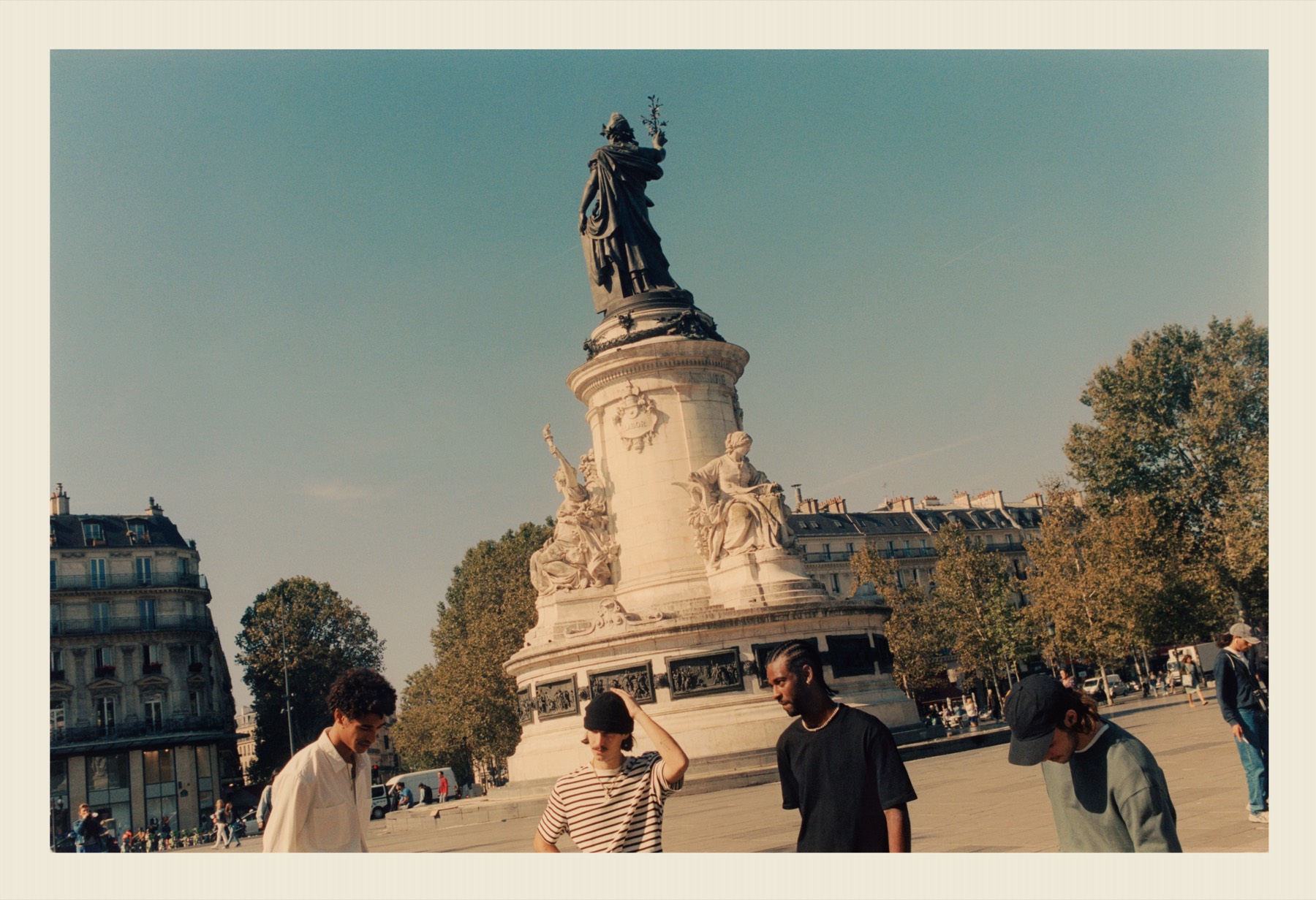 Skateboarders gathered around the Monument à la République in Paris.