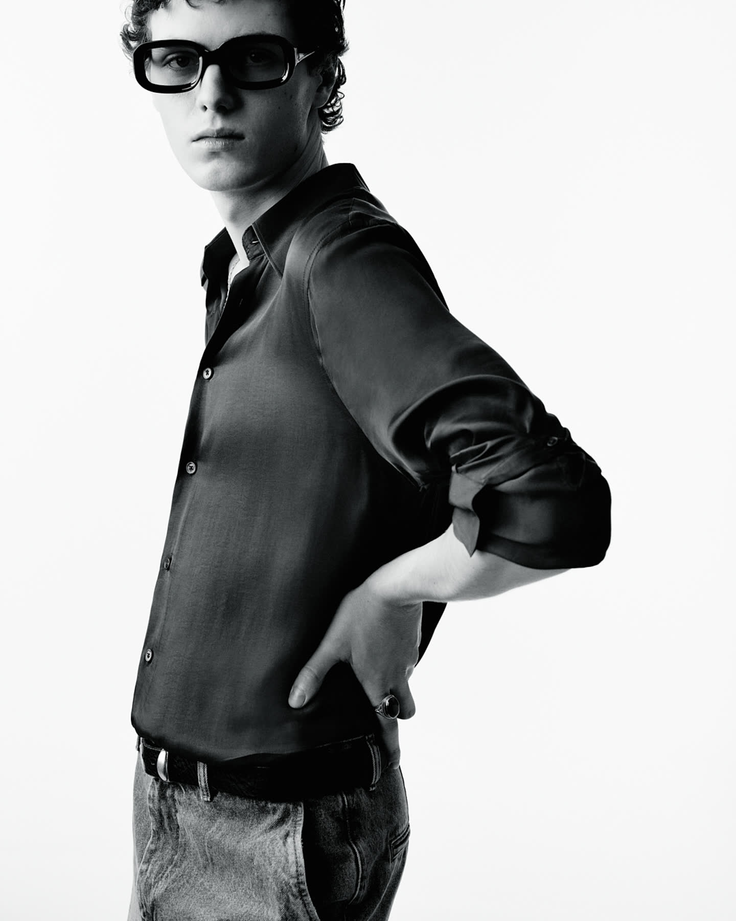 A close portrait of a model in black silk for Zara.